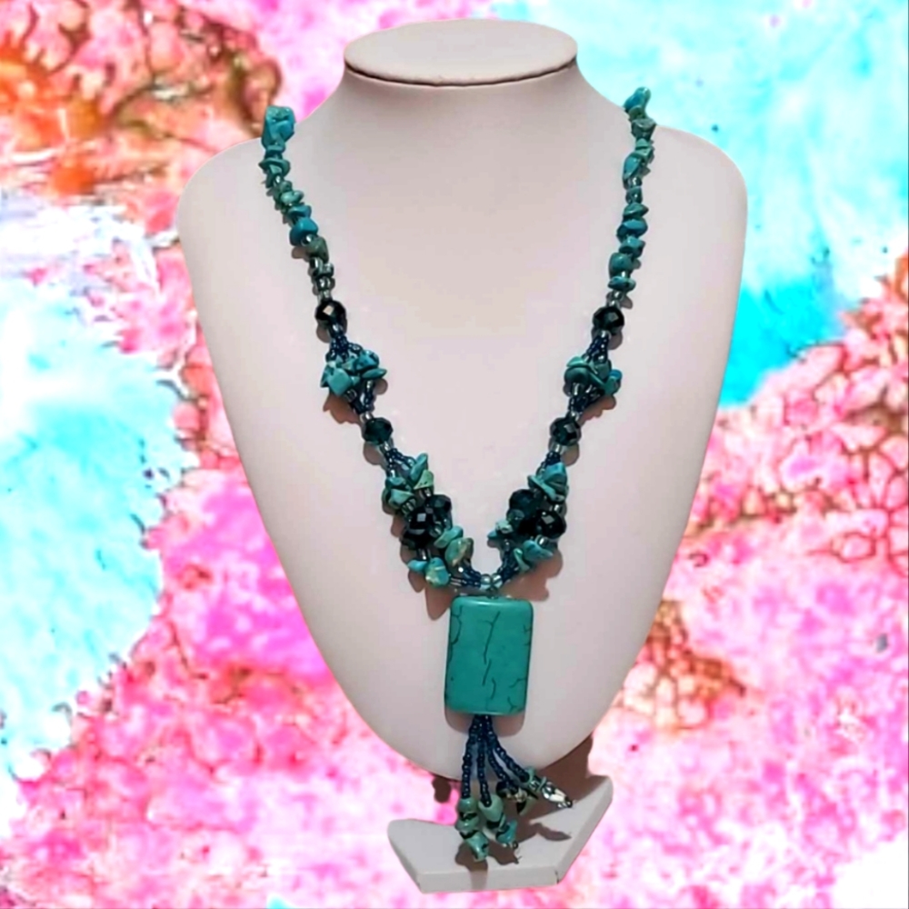 24" Turquoise Chunky Necklace  Fringed Pendant southwestern Blue Glass Necklace